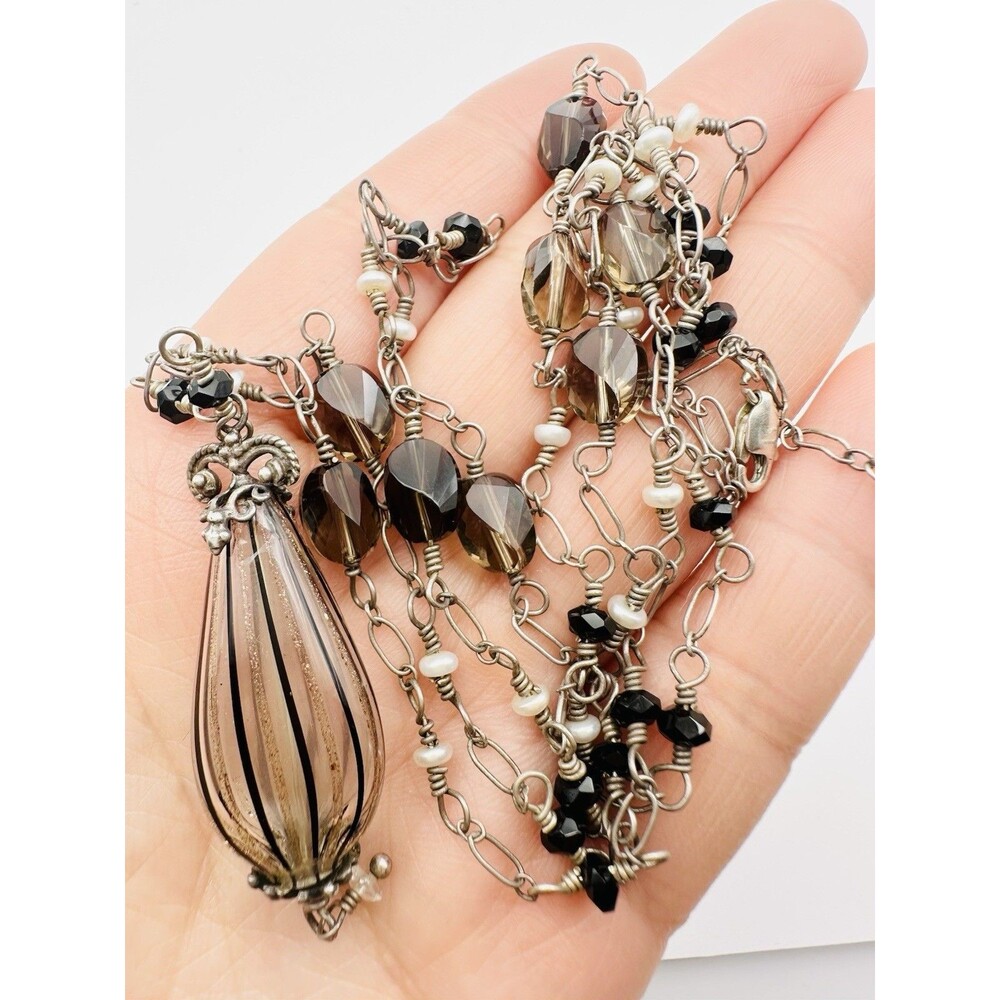 Vintage Sterling Silver Art Glass Smoky Quartz Pearl Necklace 17”